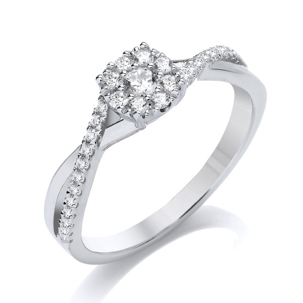 Round Platinum Cluster Ring, Twist Shoulder Set | CRW05