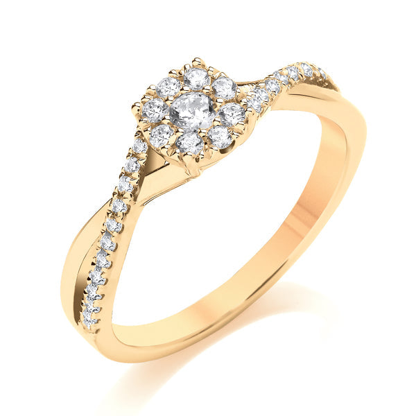 Round Yellow Gold Cluster Ring, Twist Shoulder Set | CRW05