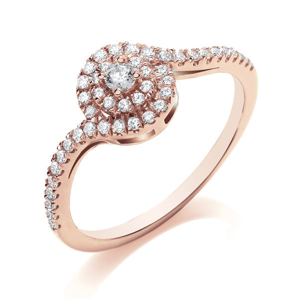 Round Rose Gold Cluster Ring, Swirl Shoulder Set | CRW06