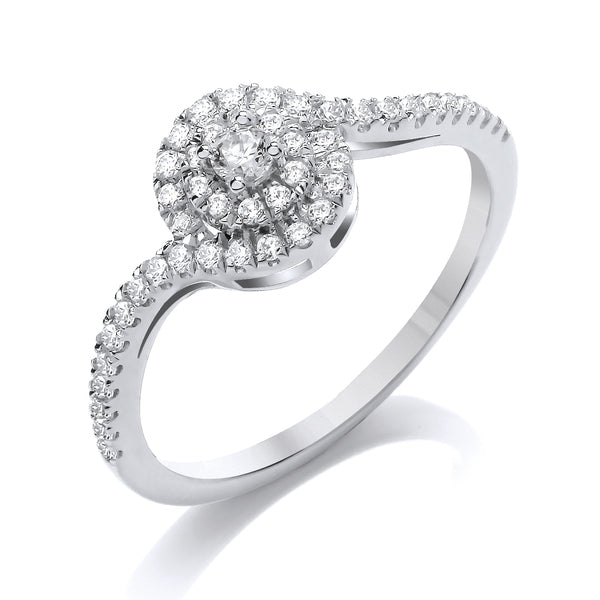 Round White Gold Cluster Ring, Swirl Shoulder Set | CRW06