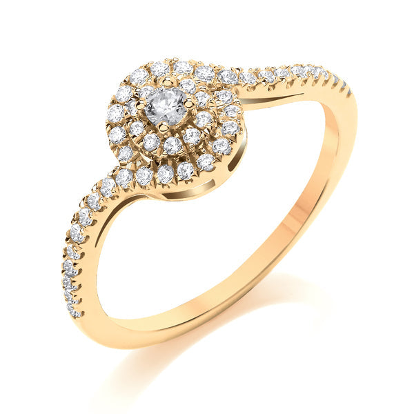 Round Yellow Gold Cluster Ring, Swirl Shoulder Set | CRW06