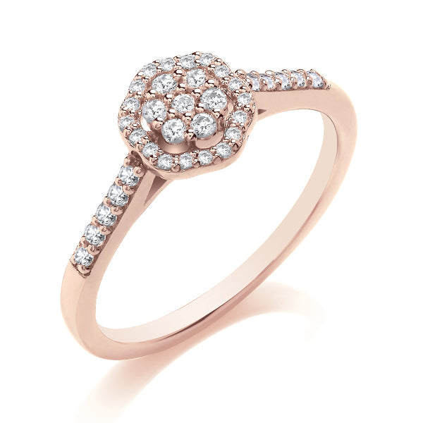 Round Rose Gold Cluster Ring, Scallop Shoulder Set | CXW01