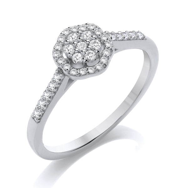 Round White Gold Cluster Ring, Scallop Shoulder Set | CXW01