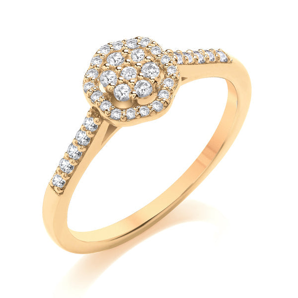 Round Yellow Gold Cluster Ring, Scallop Shoulder Set | CXW01
