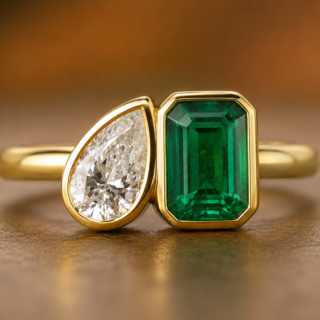EVERGREEN | Natural Diamond and Emerald Toi-et-moi, Yellow Gold