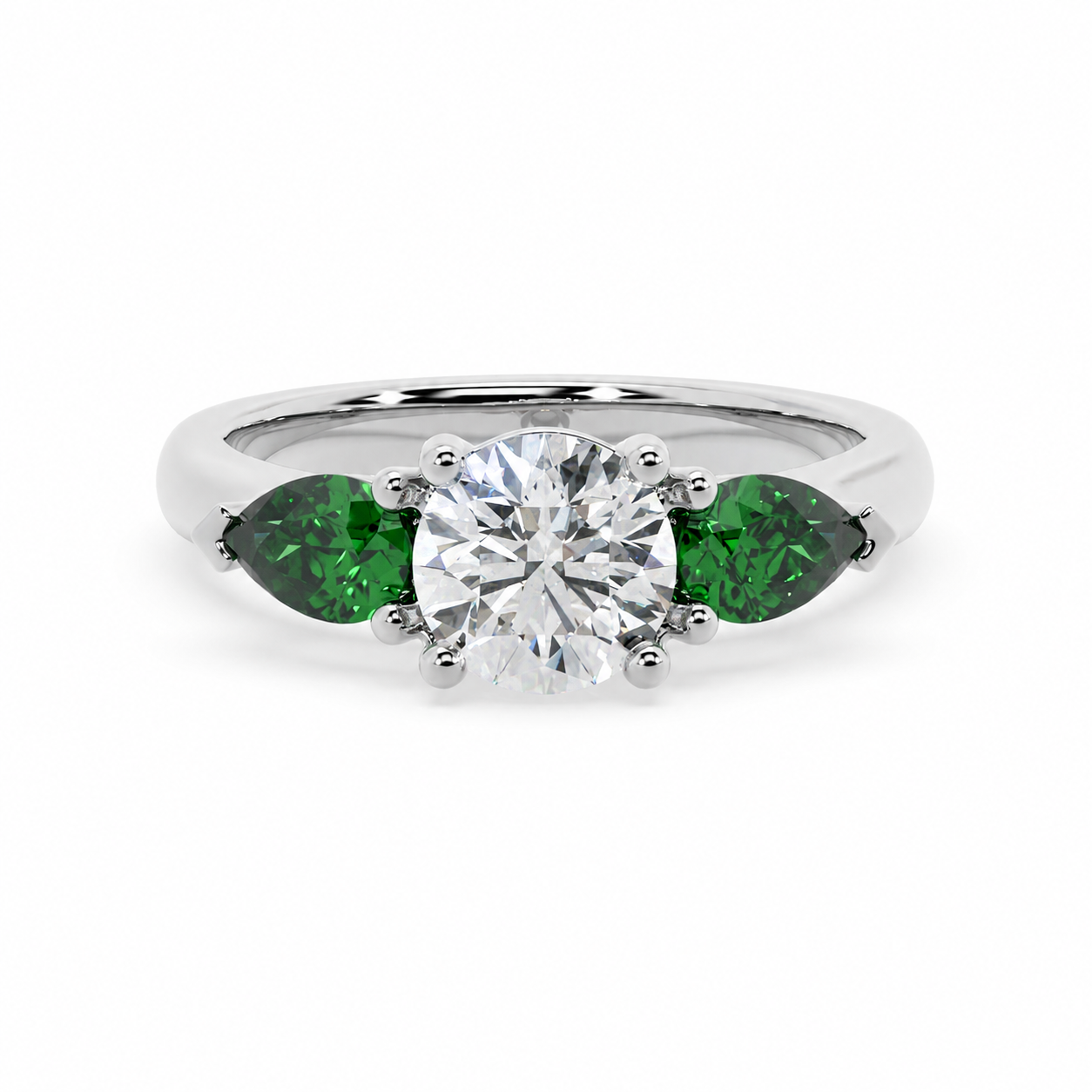 Round & Pear Emerald Engagement Ring, Claw Set Trilogy | RX4831EM