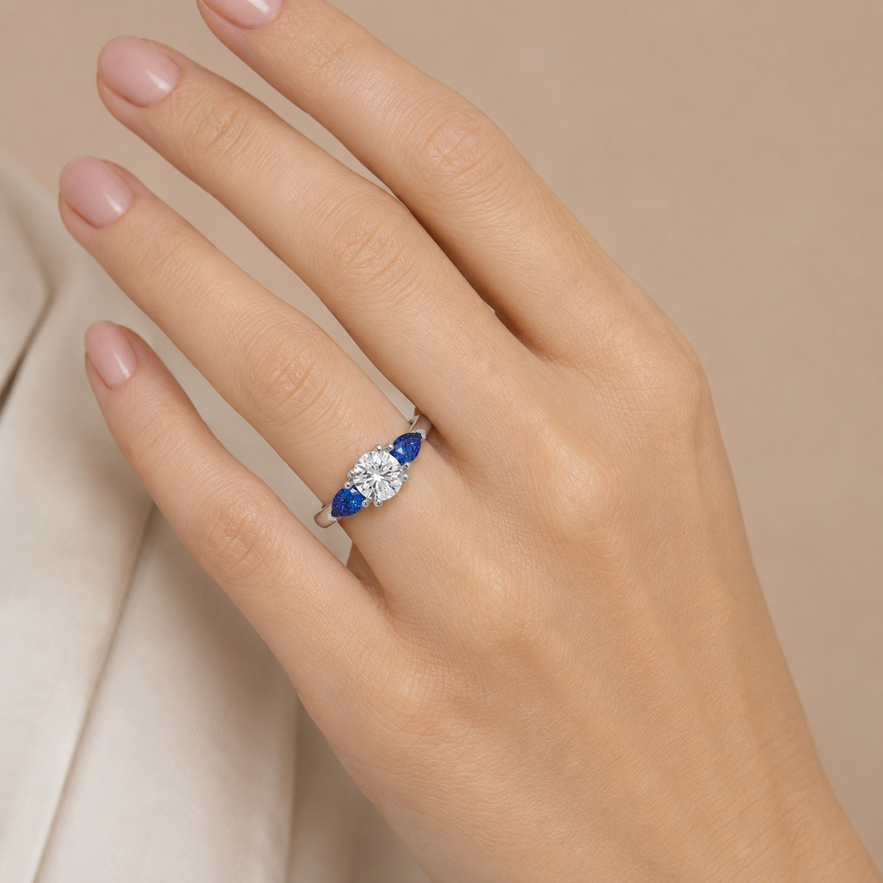 Round & Pear Blue Sapphire Engagement Ring, Claw Set Trilogy | RX4831SA