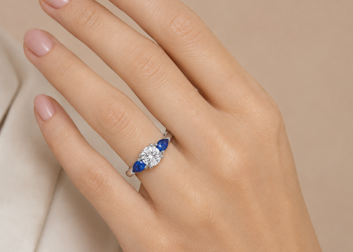 Round & Pear Blue Sapphire Engagement Ring, Claw Set Trilogy | RX4831SA