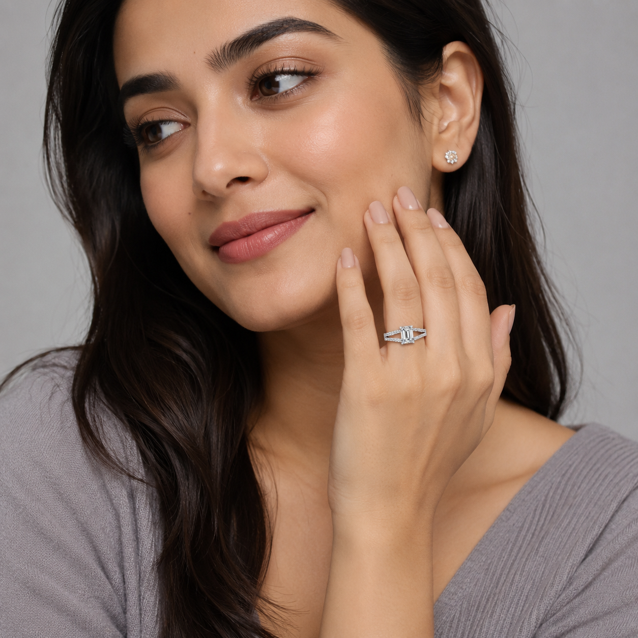 Emerald Diamond Engagement Ring, Micro Split Shoulder Set | RX4357