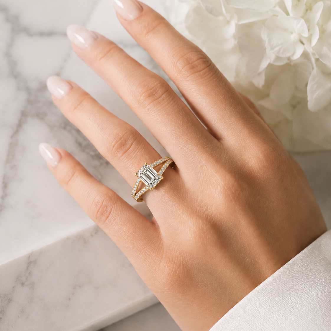 Emerald Diamond split shoulder engagement ring