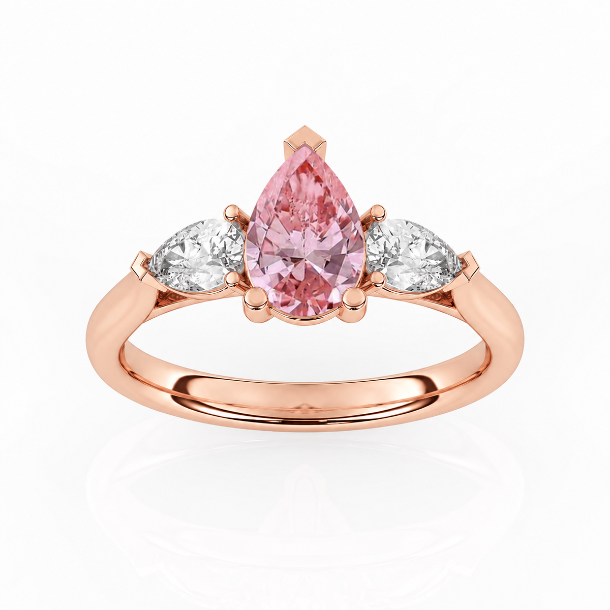 Pink Pear Diamond Rose Gold Engagement Ring, Claw Set Trilogy | M3D03-PINK