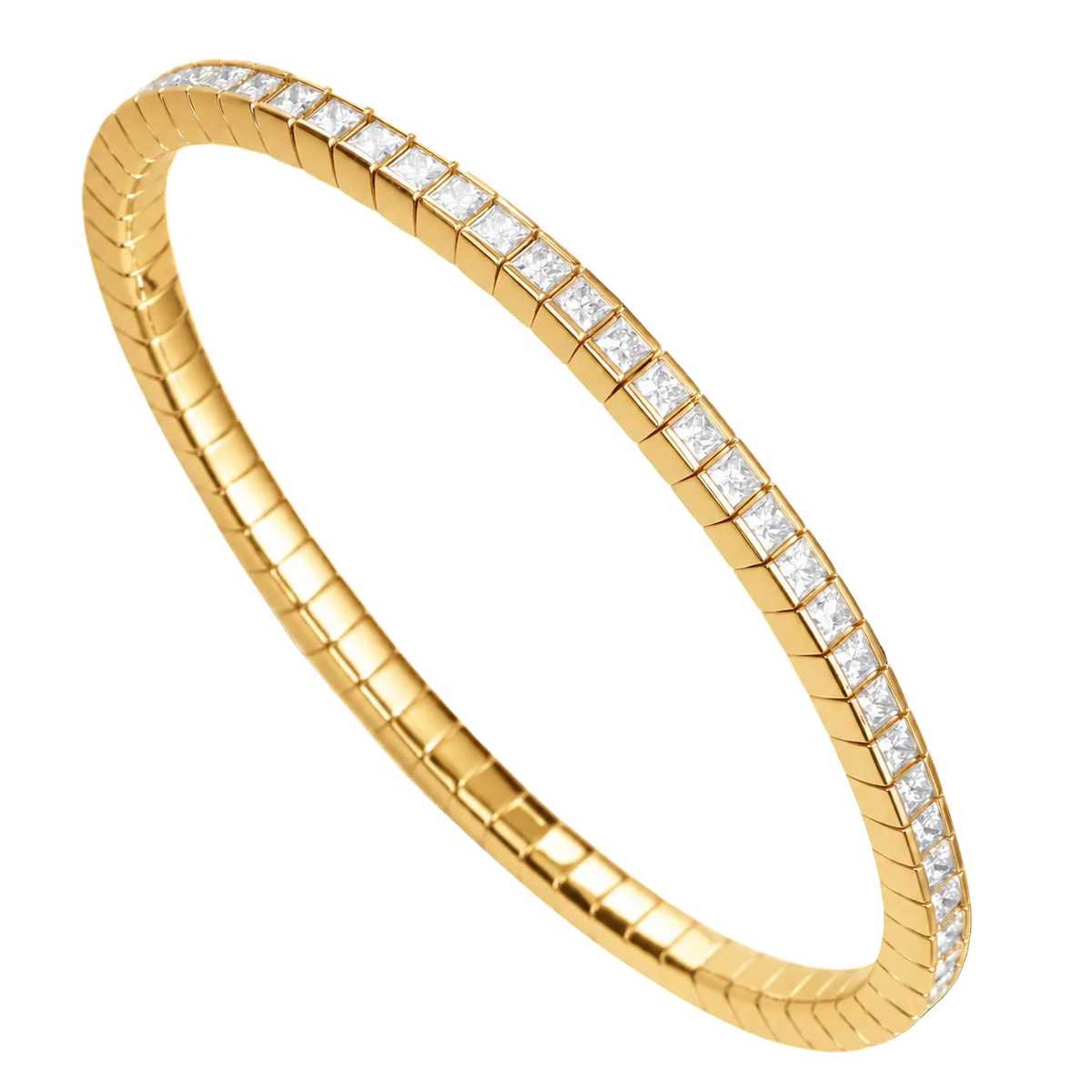 A yellow gold bangle bracelet featuring a single row of pavé-set round diamonds along the outer edge, displayed against a solid black background.