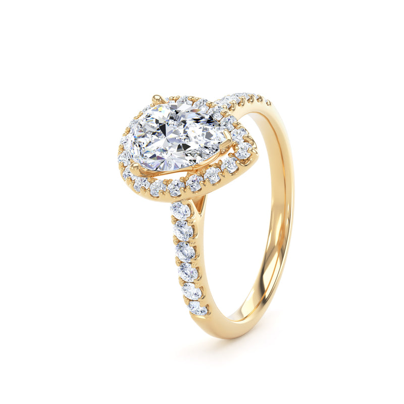 Pear Diamond Yellow Gold Ring, Diamond Band Halo | LGD DHS01