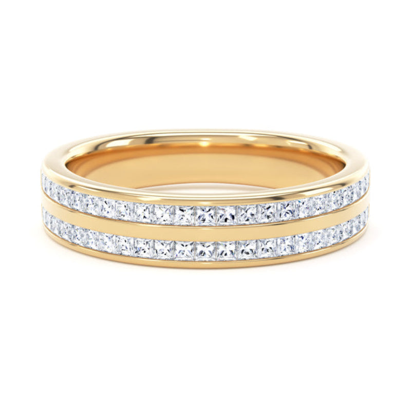 A yellow gold eternity ring featuring two rows of sparkling clear round-cut gemstones, shown on a clean white background.