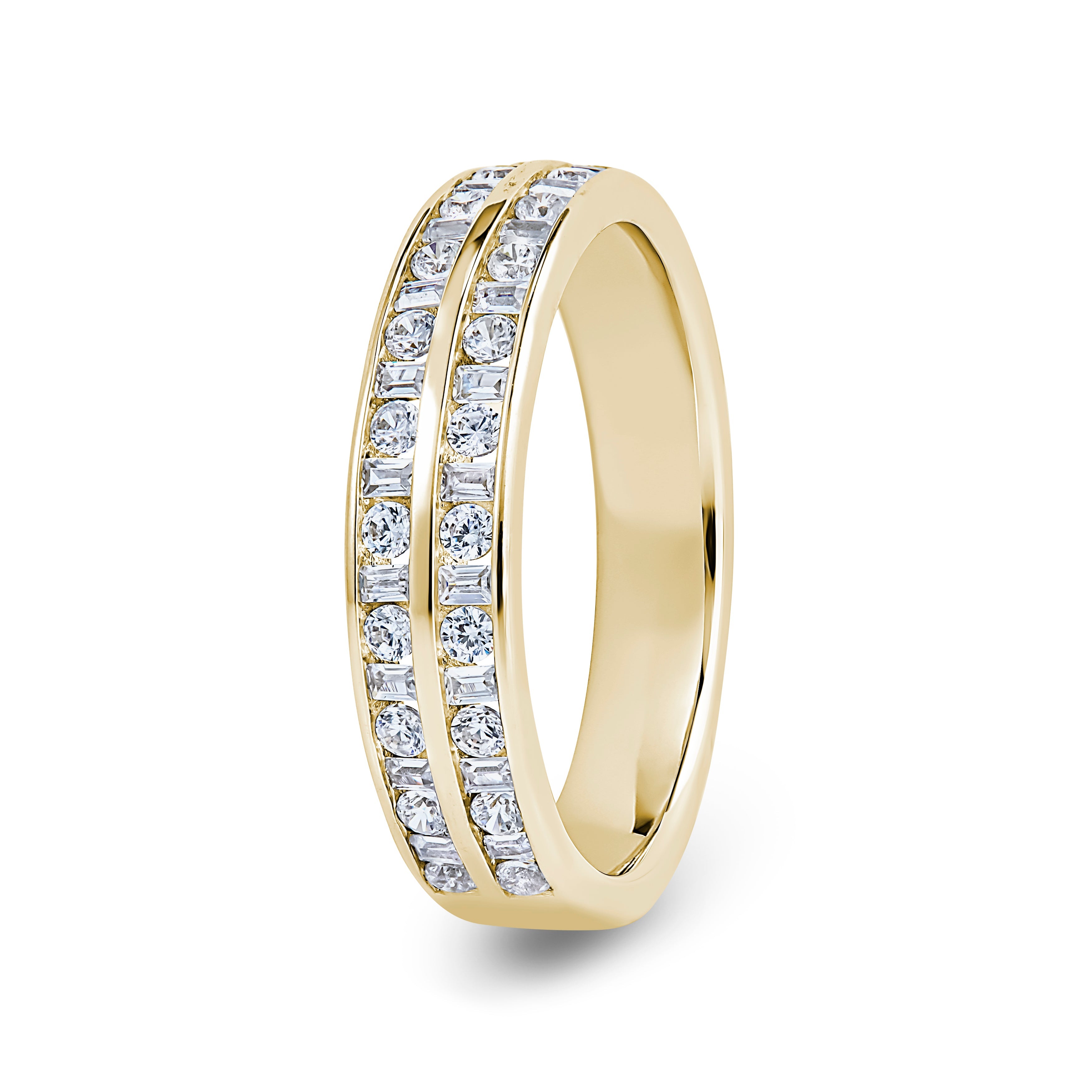 Round & Baguette, Double Channel, Yellow Gold Half Set Eternity Ring