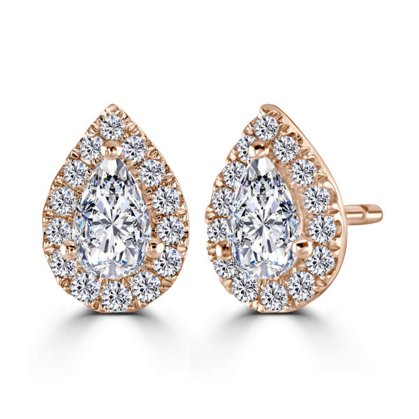 Pear Diamond Rose Gold Earrings, Micro Set Halo | PE1002