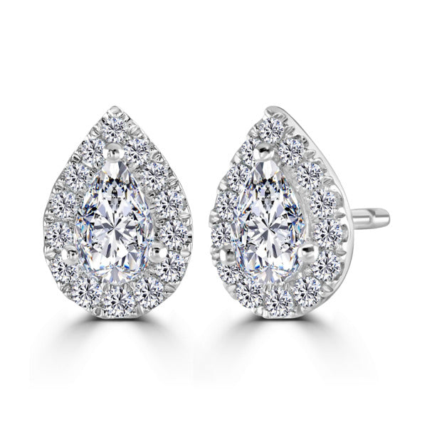 Pear Diamond White Gold Earrings, Micro Set Halo | PE1002