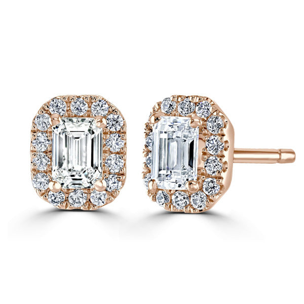 Emerald Cut Diamond Rose Gold Earrings, Micro Set Halo | EE1001