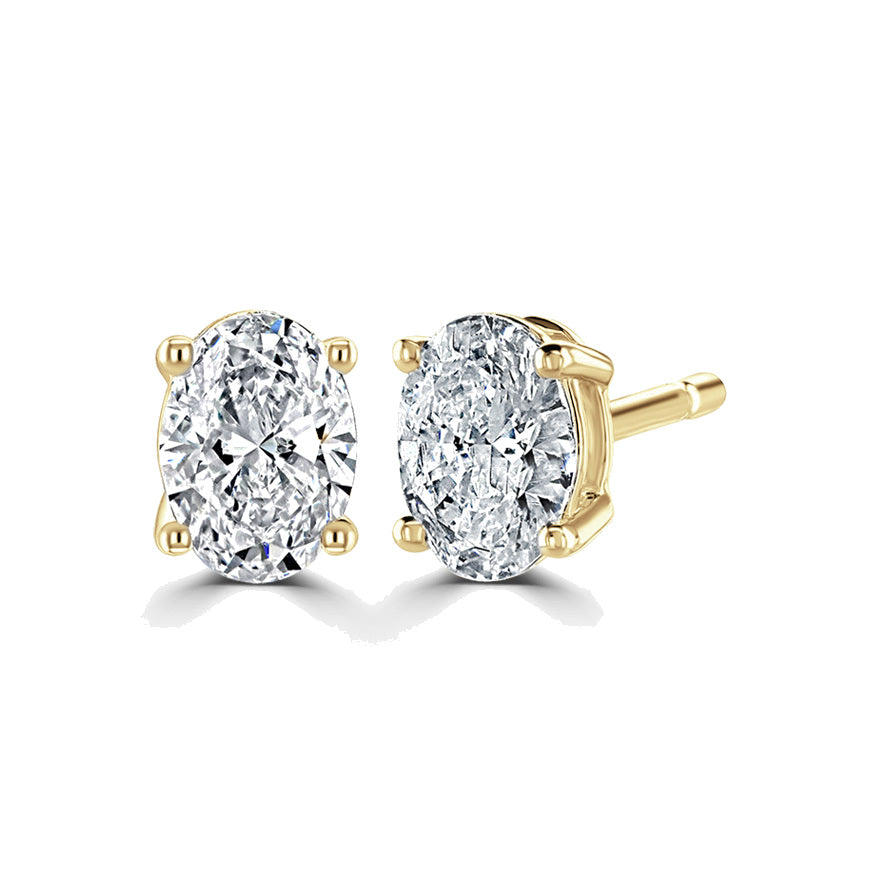 Oval Diamond Yellow Gold Earrings, 4 Claw Stud | OE1001
