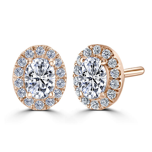 Oval Diamond Rose Gold Earrings, Micro Set Halo | OE1002
