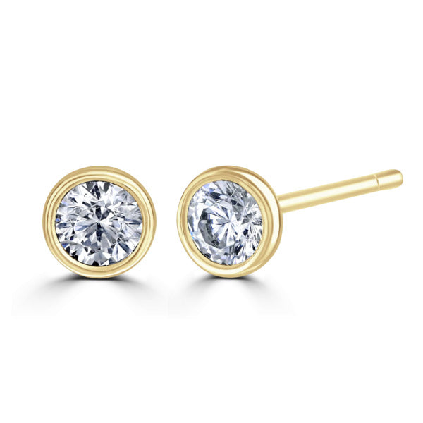 Round Diamond Yellow Gold Earrings, Bezel Set Stud | RBZ1001