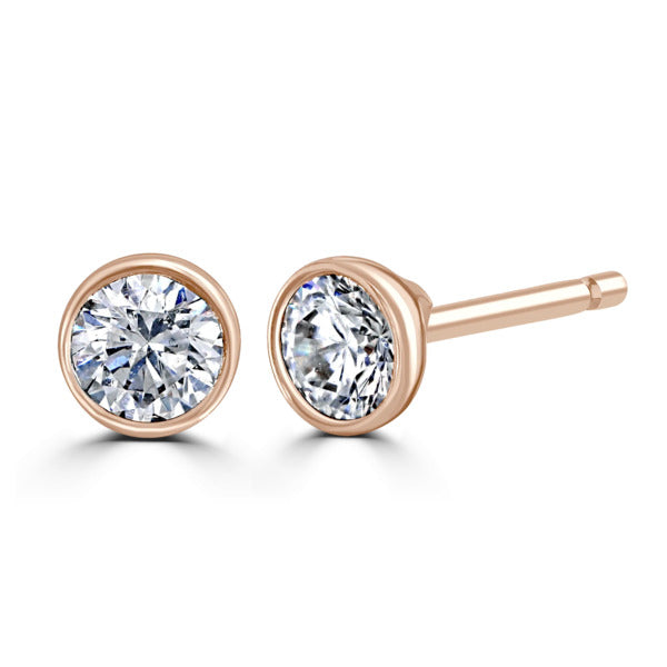 Round Diamond Rose Gold Earrings, Bezel Set Stud | RBZ1001