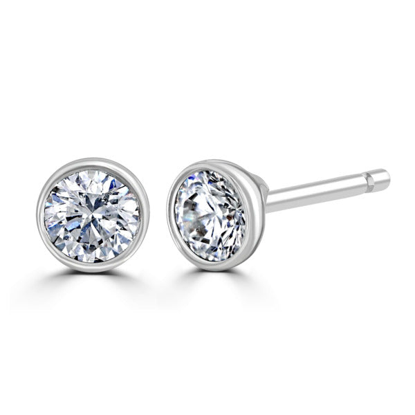 Round Diamond Platinum Earrings, Bezel Set Stud | RBZ1001