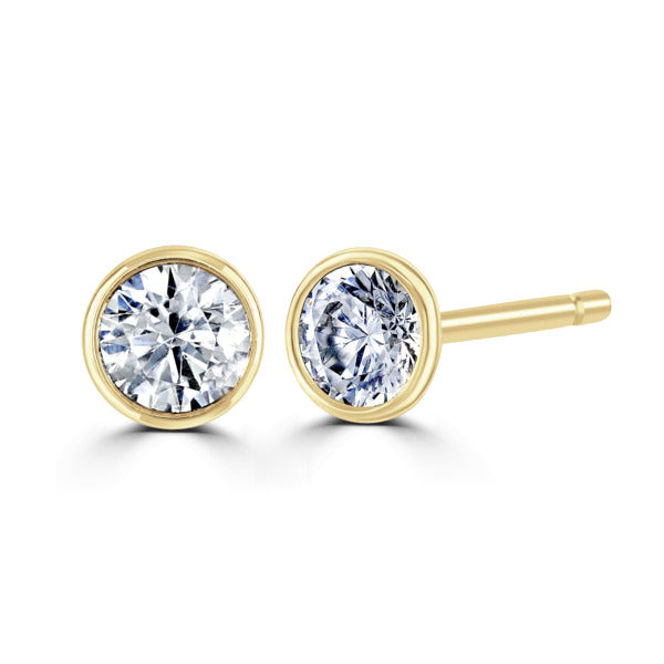 Round Diamond Yellow Gold Earrings, Bezel Set Stud | RBZ1001