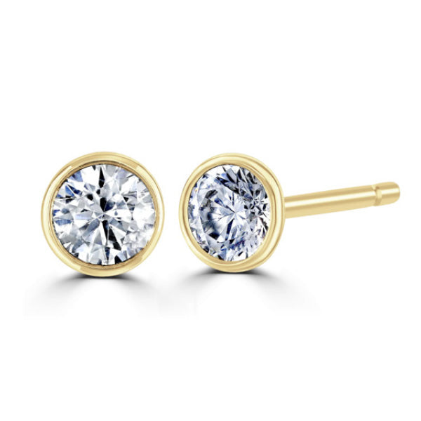 Round Diamond Yellow Gold Earrings, Bezel Set Stud | RBZ1001