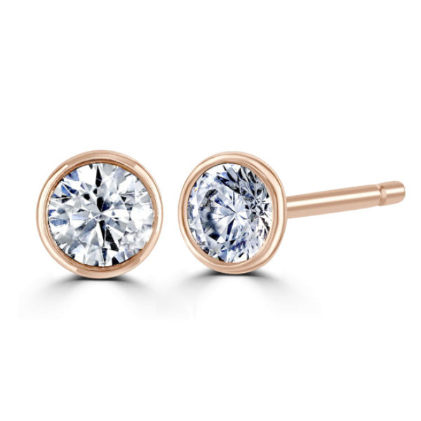 Round Diamond Rose Gold Earrings, Bezel Set Stud | RBZ1001
