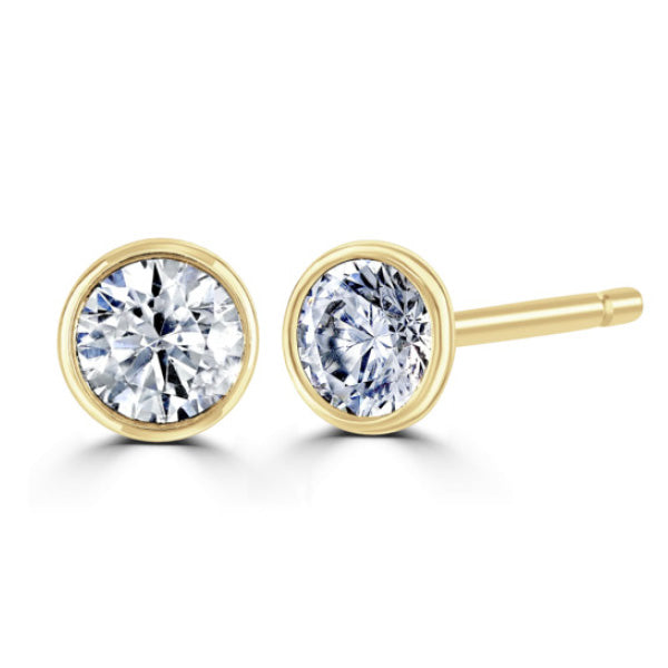 Round Diamond Yellow Gold Earrings, Bezel Set Stud | RBZ1001