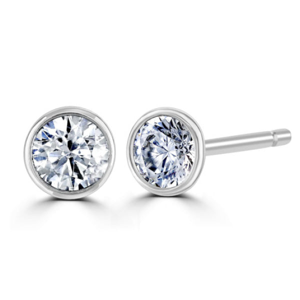 Round Diamond Platinum Earrings, Bezel Set Stud | RBZ1001