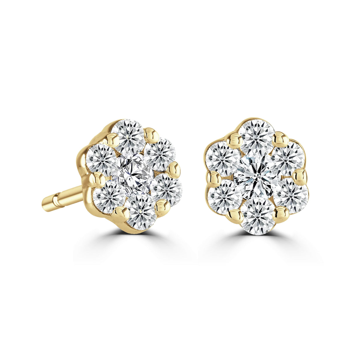 Round Diamond Yellow Gold Halo Earrings, Flower Design | RE1002