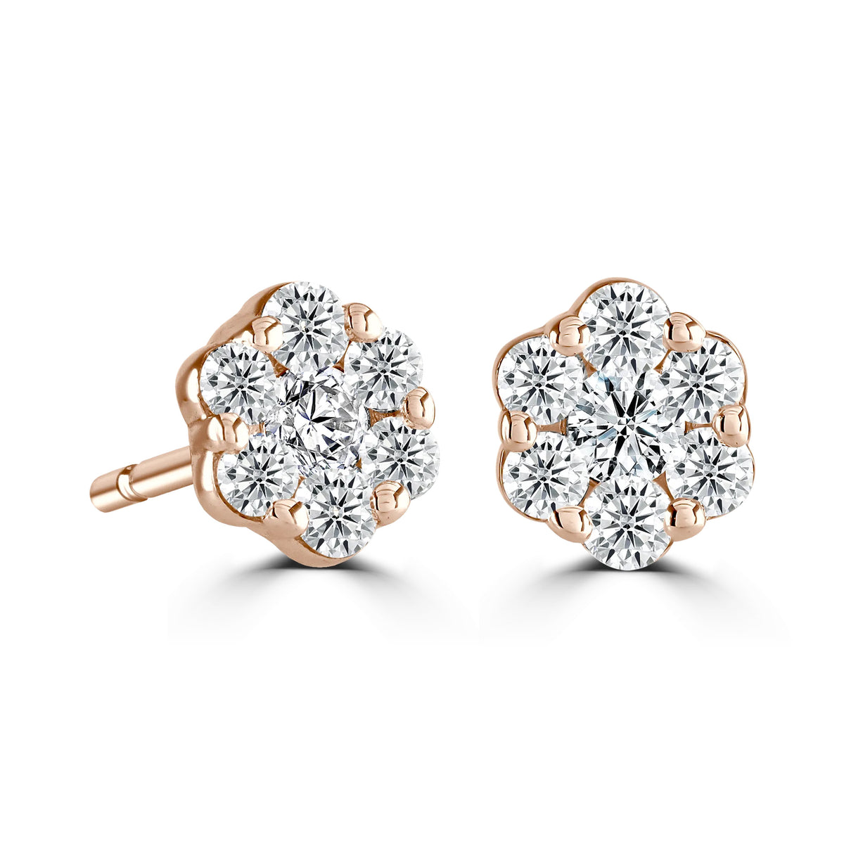 Round Diamond Rose Gold Halo Earrings, Flower Design | RE1002