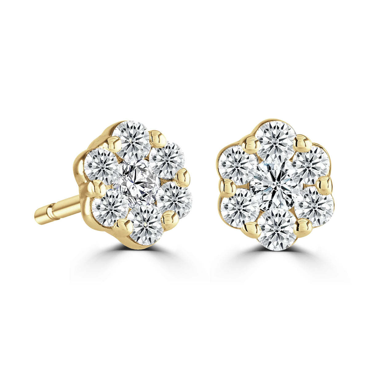 Round Diamond Yellow Gold Halo Earrings, Flower Design | RE1002