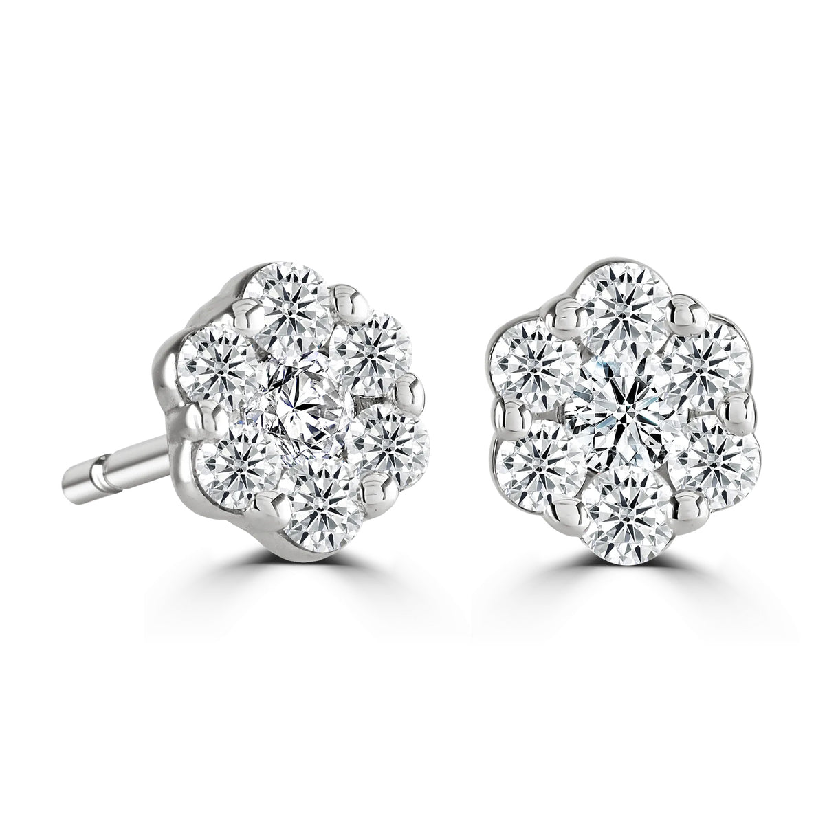 Round Diamond White Gold Halo Earrings, Flower Design | RE1002