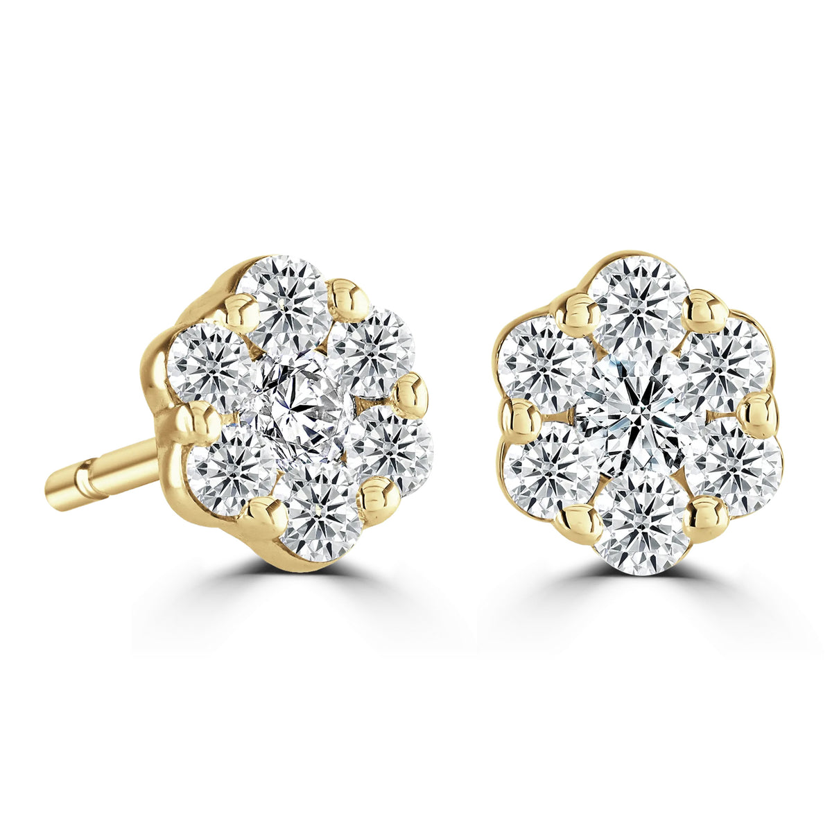 Round Diamond Yellow Gold Halo Earrings, Flower Design | RE1002