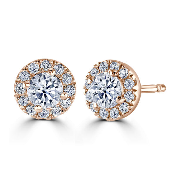 Round Diamond Rose Gold Earrings, Micro Set Halo | RE1001