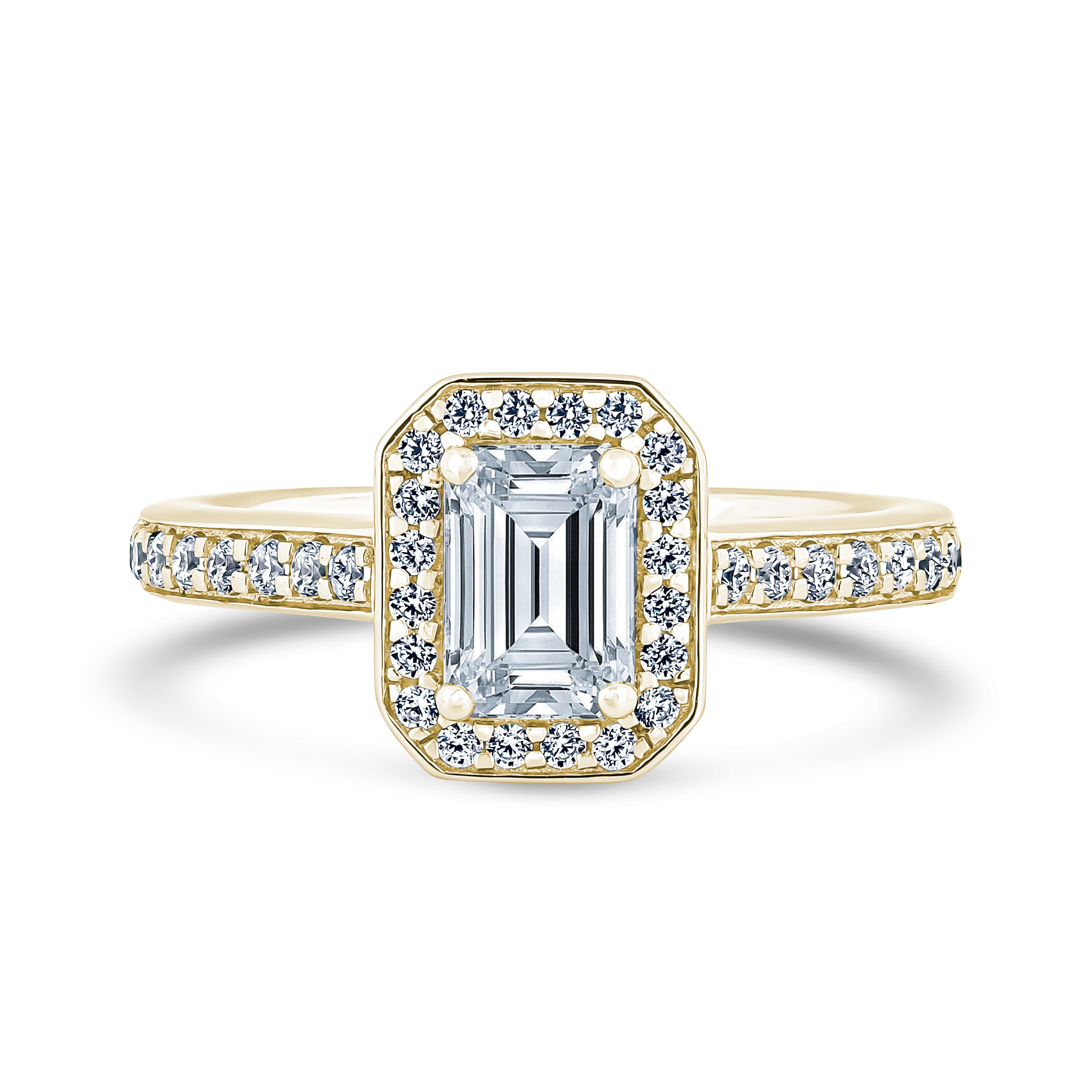 Emerald Cut Halo Yellow Gold Ring, Shoulder Set | EHG01 LGE