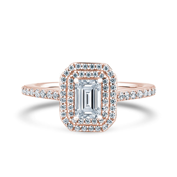 Double Halo Shoulder Set Ring | Rose Gold, Emerald Diamond | EHW01 LGE