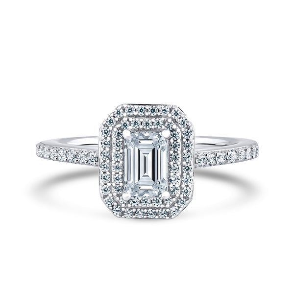 Double Halo Shoulder Set Ring | Platinum, Emerald Diamond | EHW01 SME