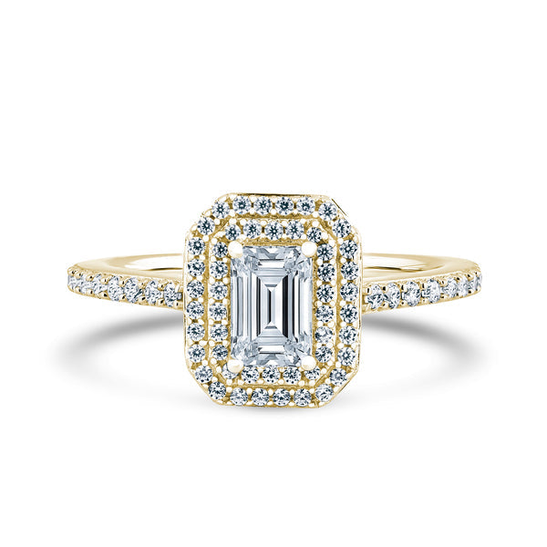 Double Halo Shoulder Set Ring | Yellow Gold, Emerald Diamond | EHW01 LGE
