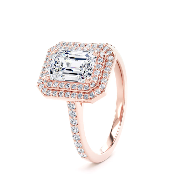 Double Halo Diamond Shoulder Ring | Rose Gold, Emerald Diamond | EHW01 SME