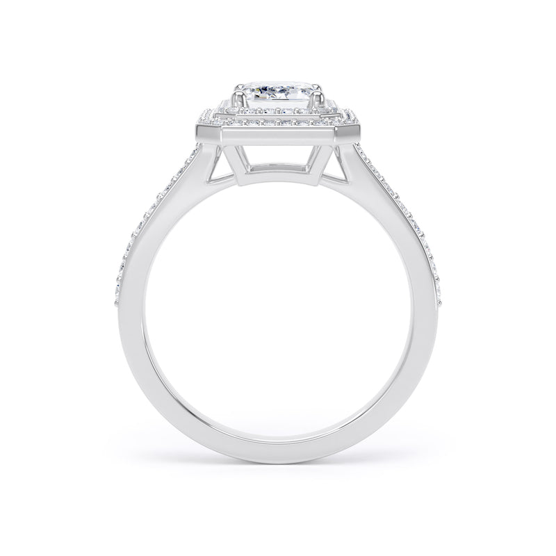Double Halo Diamond Shoulder Ring | Platinum, Emerald Diamond | EHW01 SME