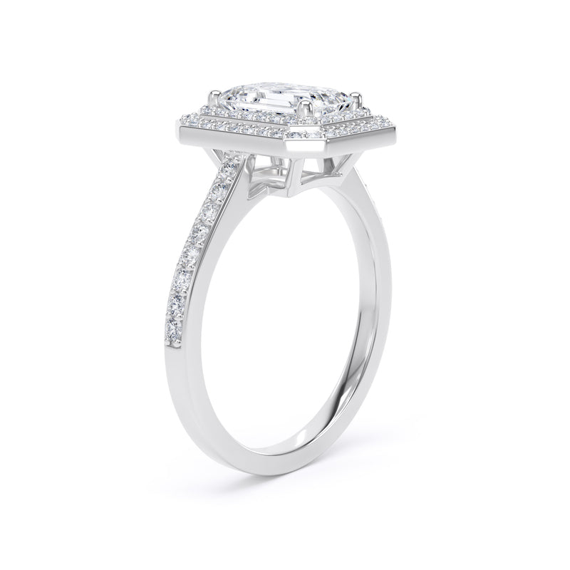 Double Halo Diamond Shoulder Ring | Platinum, Emerald Diamond | EHW01 SME