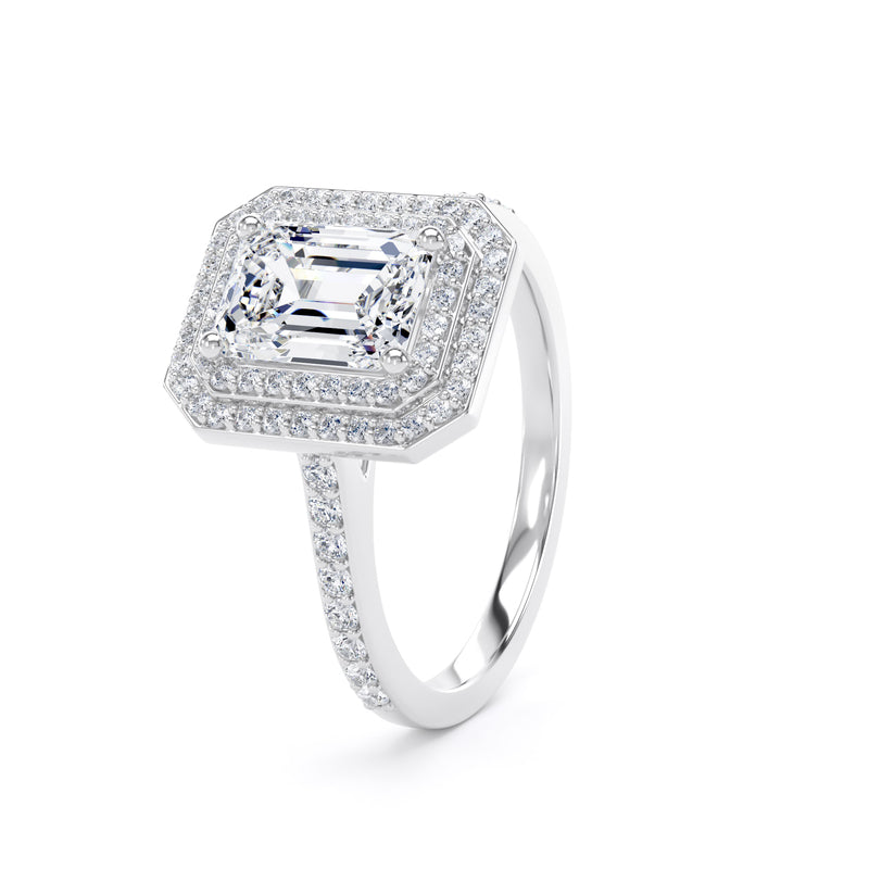 Double Halo Diamond Shoulder Ring | Platinum, Emerald Diamond | EHW01 SME