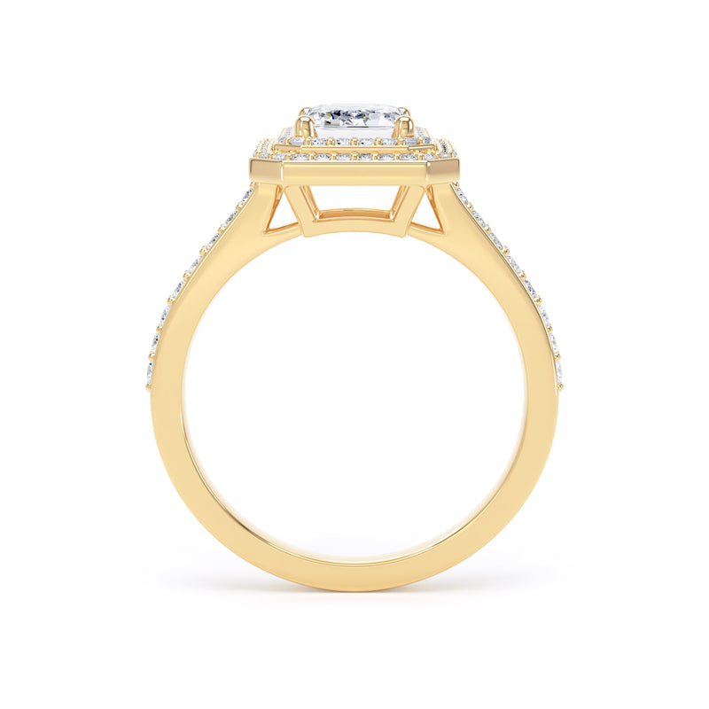 Double Halo Diamond Shoulder Ring | Yellow Gold, Emerald Diamond | EHW01 SME