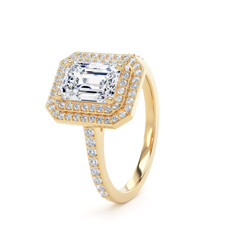 Double Halo Diamond Shoulder Ring | Yellow Gold, Emerald Diamond | EHW01 SME