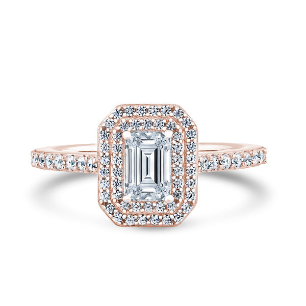 Double Halo Shoulder Set Ring | Rose Gold, Emerald Diamond | EHW02 SME