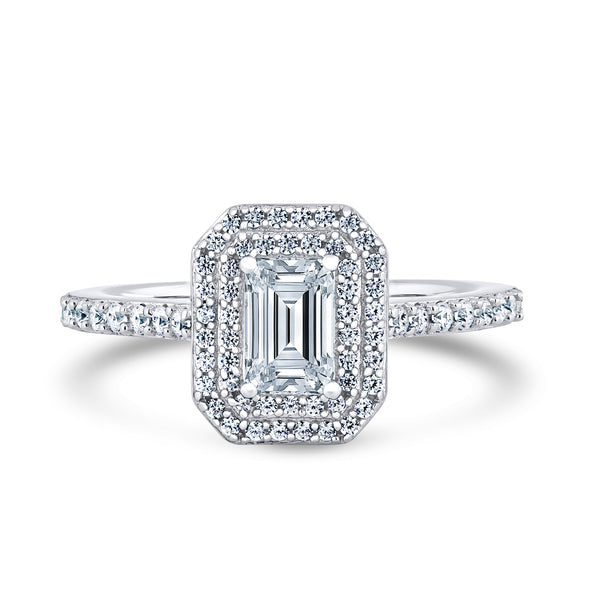 Double Halo Shoulder Set Ring | Platinum, Emerald Diamond | EHW02 LGE